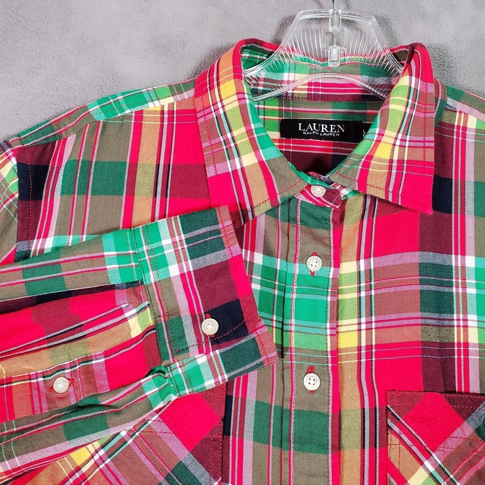 Lauren Ralph Lauren Top Womens L Red Green Plaid Roll Tab Preppy Americana Cabin - Picture 2 of 10